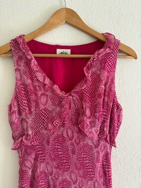 Vintage Silk Mica Pink Snake-Print Ruffle Tank Dress